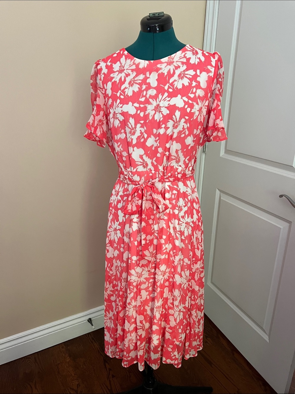 Dkny Coral and White Floral Tie-Waist Midi Dress
